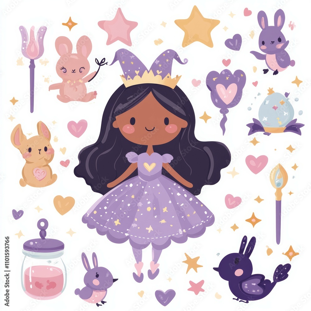 A set of kid-friendly stickers featuring a cheerful, A set of kid-friendly stickers featuring a cheerful,