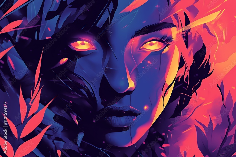 A vibrant, surreal portrait of a woman with glowing eyes surrounded by colorful foliage. A vibrant, surreal portrait of a woman with glowing eyes surrounded by colorful foliage.
