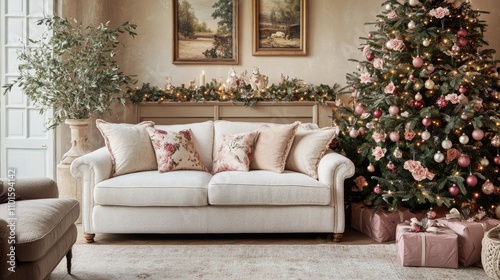 Cozy living room adorned with a decorated Christmas tree featuring elegant pink floral accents and a plush cream sofa with decorative pillows.