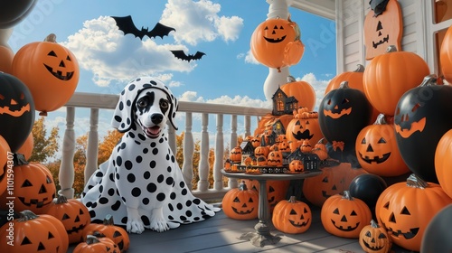 A Dalmatian in a ghost costume with black and white polka dot balloons, sitting on a porch decorated with jack-o'-lanterns.  photo