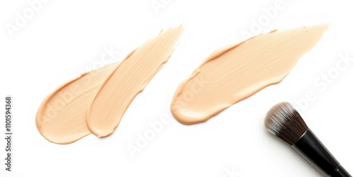 Makeup foundation smears isolated on white background with BB CC Cream Concealer texture, cosmetic product brush swatch, copy space,  Liquid foundation,  swatch,  CC Cream