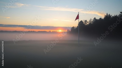 Misty morning at Vallentuna golf course with single flag, sunrise over lake, Stockholm, Sweden,  Sweden,  small lake,  flag