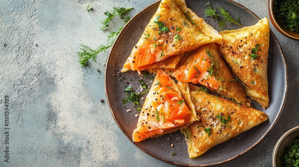 Triangular crepe pancakes filled with smoked salmon, herbs, and spices, beautifully arranged on a dark plate with fresh garnish. Triangular crepe pancakes filled with smoked salmon, herbs, and spices, beautifully arranged on a dark plate with fresh garnish.