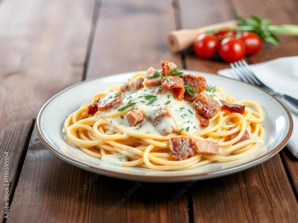 Plate of spaghetti carbonara with white sauce, ham, and bacon on a rustic wooden table with space for text or design in the background, carbonara, spaghetti, food Plate of spaghetti carbonara with white sauce, ham, and bacon on a rustic wooden table with space for text or design in the background, carbonara, spaghetti, food