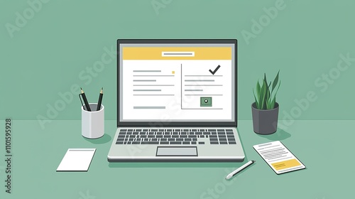 A sleek laptop displays a document with a checkmark, surrounded by a plant, stationery, and a calculator on a calming green background.