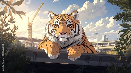 Majestic Siberian Tiger Perched on Urban Overpass at Sunrise - Digital Painting AI Generated photo