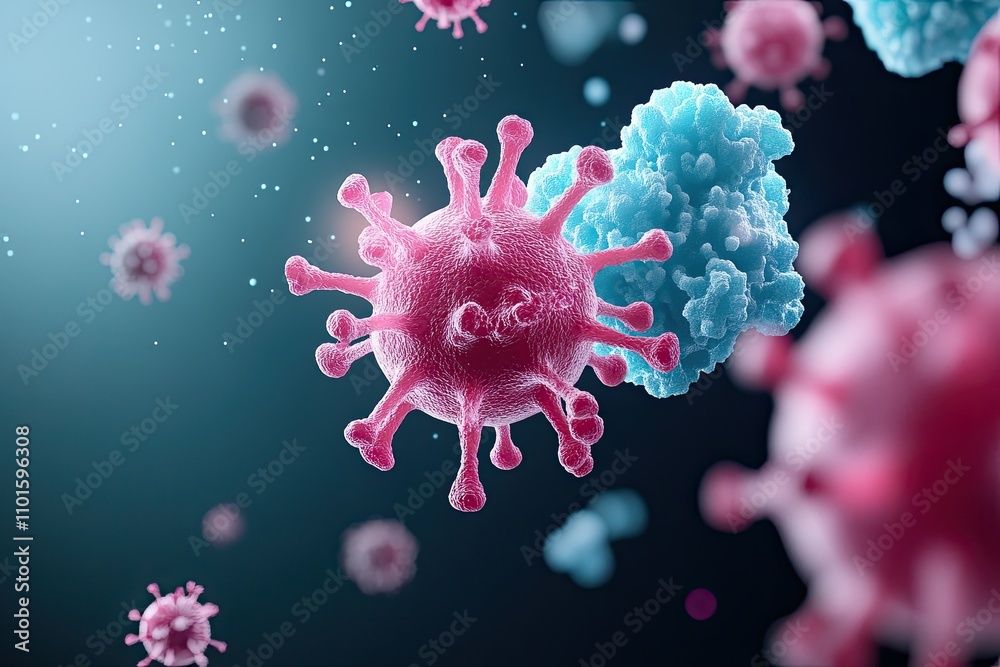 Naklejka premium A colorful of virus particles, showcasing their structure and complexity against a blurred background, emphasizing microscopic life.