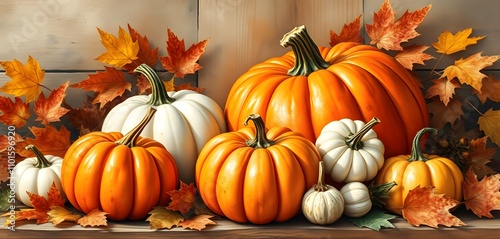 Autumn still life with vibrant orange pumpkins