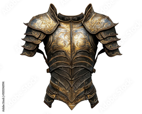 Intricate golden and silver armor with ornate designs, showcasing craftsmanship and strength. Perfect for fantasy themes