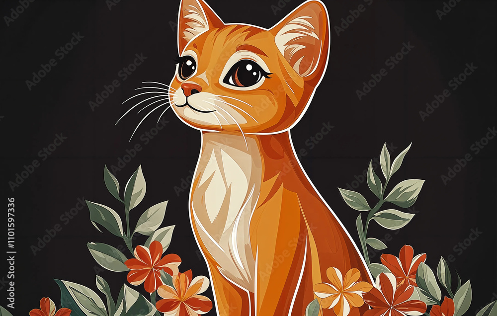 a cartoon-style illustration of an orange cat sitting among colorful flowers and green leaves. The background is dark, which makes the cat and the flowers stand out prominently.
