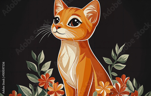 Obraz na płótnie a cartoon-style illustration of an orange cat sitting among colorful flowers and green leaves. The background is dark, which makes the cat and the flowers stand out prominently. w salonie