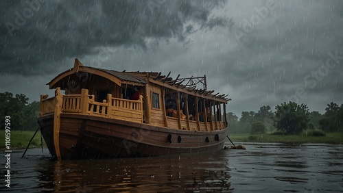During the deluge, Noah's Ark was in the middle of the torrential downpour. photo