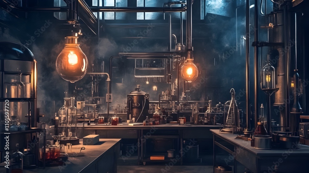 Dramatic Steampunk Laboratory in a Fantasy Setting with Creative Atmosphere and Industrial Mood Dramatic Steampunk Laboratory in a Fantasy Setting with Creative Atmosphere and Industrial Mood