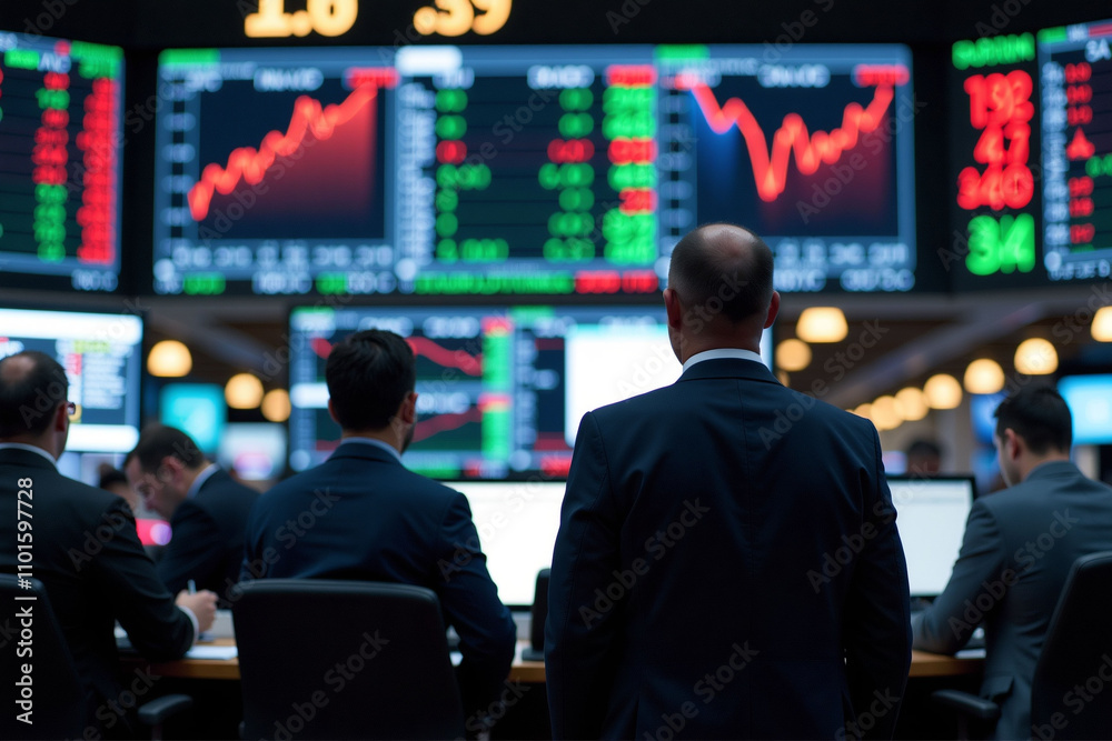 Traders and investors watching stock prices at trading floor in stock exchange. Trader background. Traders and investors watching stock prices at trading floor in stock exchange. Trader background.