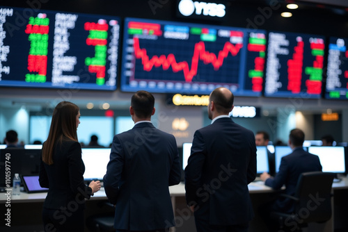 Traders and investors watching stock prices at trading floor in stock exchange. Trader background.