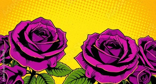 Colorful pop art roses against a vibrant yellow background, showcasing bold patterns and lively hues.