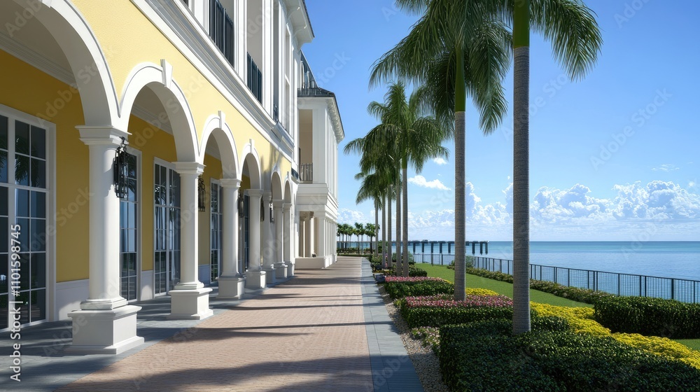 Obraz premium An architectural oasis: glowing arches create a captivating pathway amidst a serene palm-lined setting.