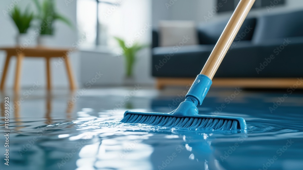 A mop being used to clean water from a flooded floor in a modern indoor space, highlighting cleaning and water damage repair. A mop being used to clean water from a flooded floor in a modern indoor space, highlighting cleaning and water damage repair.