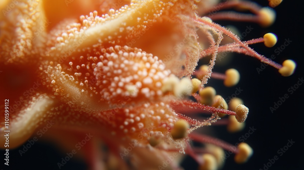 focusing on the delicate structure of the flower's stamens, highlighting the tiny pollen grains and filament details in an intimate macro shot focusing on the delicate structure of the flower's stamens, highlighting the tiny pollen grains and filament details in an intimate macro shot