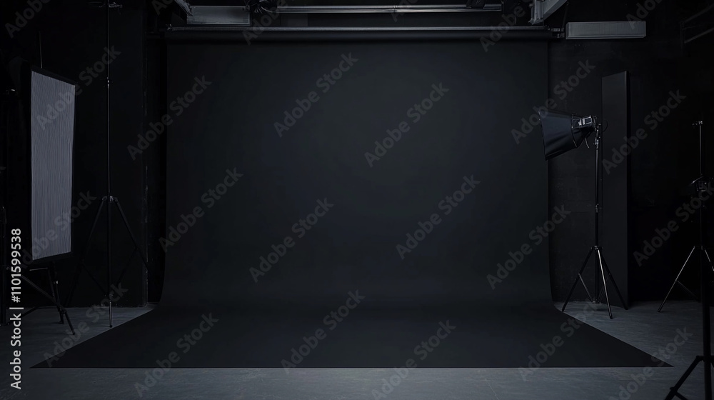 Studio space prepared for a creative photo shoot with dark backdrop and lighting setup