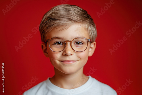 A cheerful boy with neat blonde hair and glasses smiles brightly. The vibrant red background enhances his joyful expression, capturing a happy moment