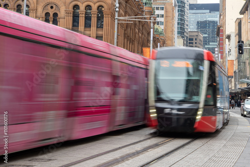 Light rail trams in the city on George Street, Sydney photo