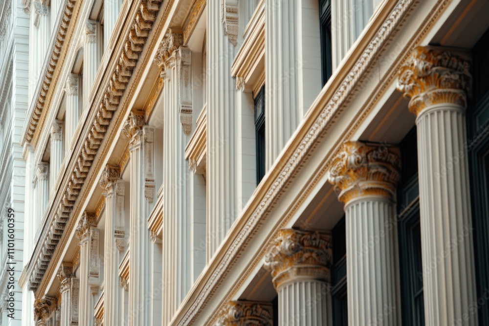 Ornate columns feature intricate designs on a historic finance building during daylight. The structure exemplifies classic architectural beauty with its impressive details Ornate columns feature intricate designs on a historic finance building during daylight. The structure exemplifies classic architectural beauty with its impressive details