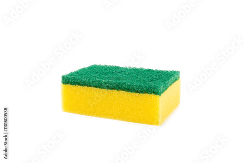 Colorful dish sponges isolated on white background. Kitchen sponge. Cleaning concept, cleaning service. Dishwashing liquid with clean and dirty dishes plate. Place for text, copy space.Wash the dishes photo