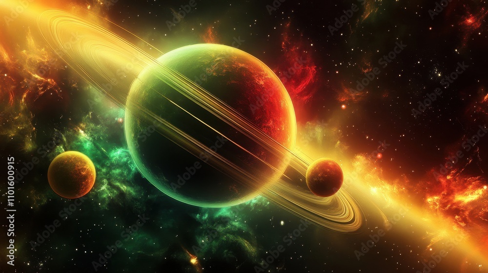 Bright cartoon planets glowing with neon rings on a dark space background Bright cartoon planets glowing with neon rings on a dark space background