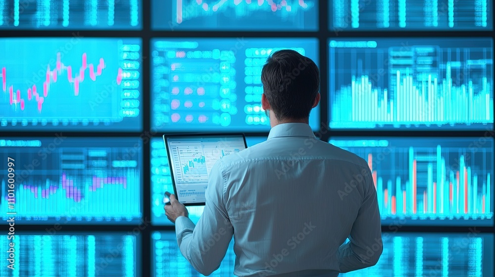 Fototapeta premium A professional analyzing financial data displayed on multiple screens, showcasing graphs and charts in a modern, tech-savvy environment.