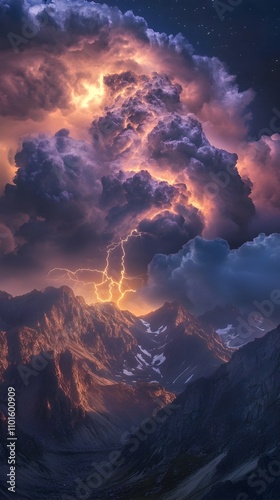 Dramatic Lightning Storm Over Rugged Mountain Landscape at Dusk