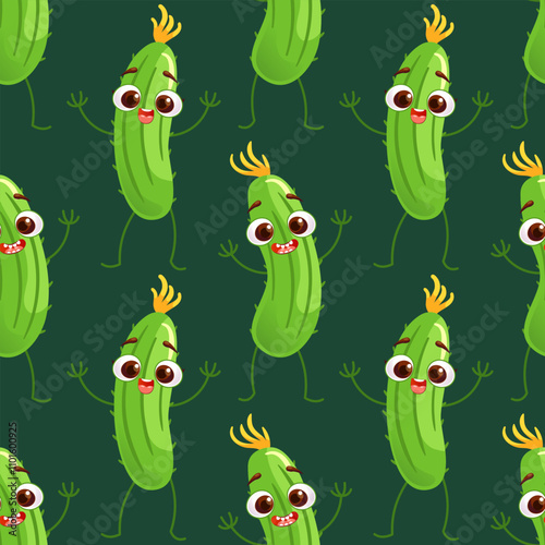 Cheerful dance of cucumbers, seamless pattern. Cute funny characters. Healthy food, vegetables, veganism. Vector illustration for children. For wallpaper, fabric, wrapping, background.