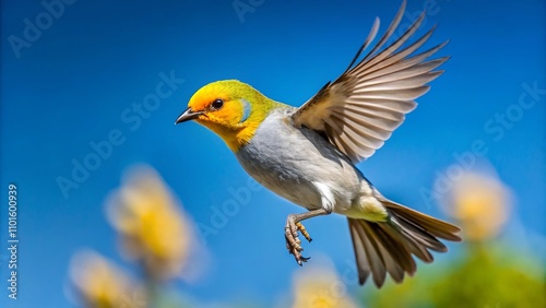 Candid Photography of a Verdin Auriparus Flaviceps Captured Mid-Flight Against a Clear Blue Sky, Showcasing Its Unique Plumage and Graceful Movement in Nature's Realm photo