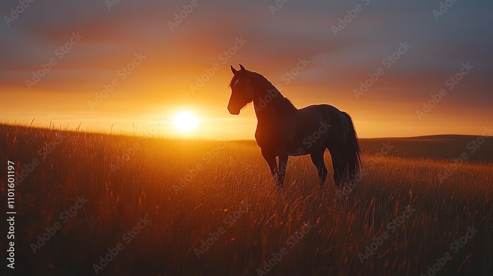 Silhouette of a majestic black stallion against a vibrant sunset, showcasing the beauty of freedom and the wild spirit of nature. Silhouette of a majestic black stallion against a vibrant sunset, showcasing the beauty of freedom and the wild spirit of nature.