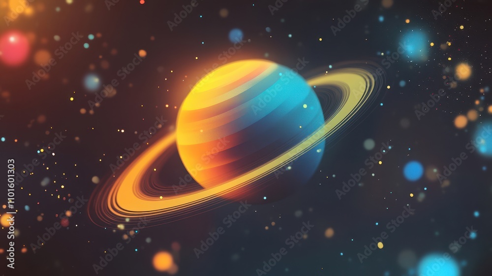 Naklejka premium Cartoon planet wallpaper with bold glowing rings in a cosmic starry background