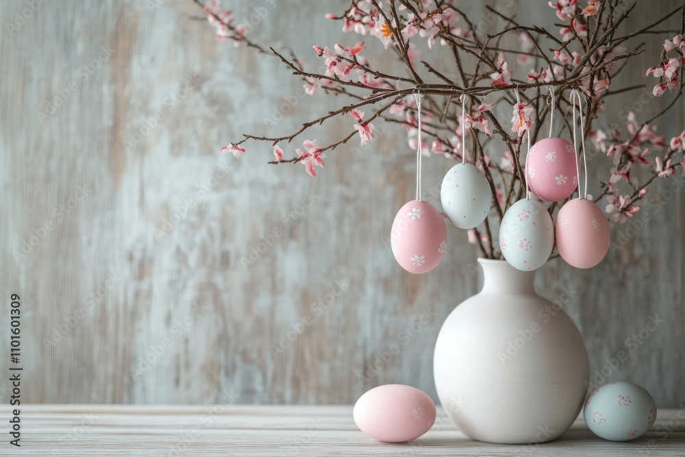 A beautifully arranged tree displays hanging pastel Easter eggs amidst delicate cherry blossoms, set in a simple vase on a rustic wooden surface, creating a peaceful festive atmosphere