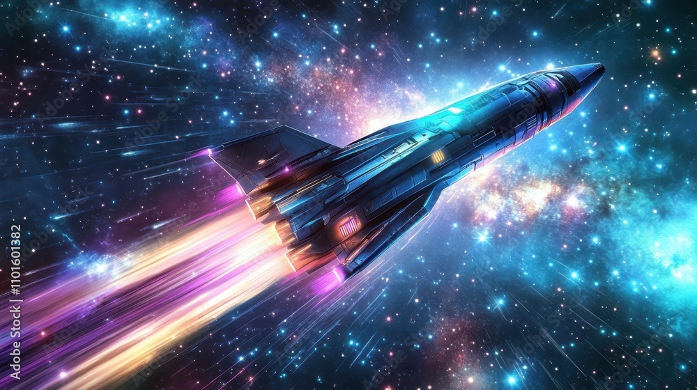 Comic spaceship wallpaper with neon accents against a glowing cosmic background