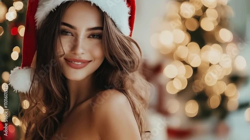 a fashion photo of a sexy woman dressed in a revealing santa outfit with blurred christmas tree lights background.