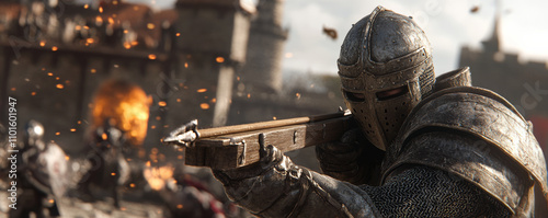 medieval soldier in armor aims crossbow during battle scene, showcasing intense action and historical warfare. background features castle and explosions, enhancing dramatic atmosphere