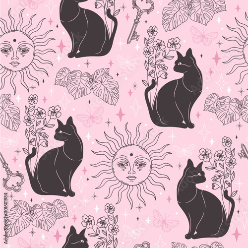 Pink Pastel Modern Tattoo Style Seamless Pattern with Suns, Black Cats, Flowers, and Monstera Plants. Vector background