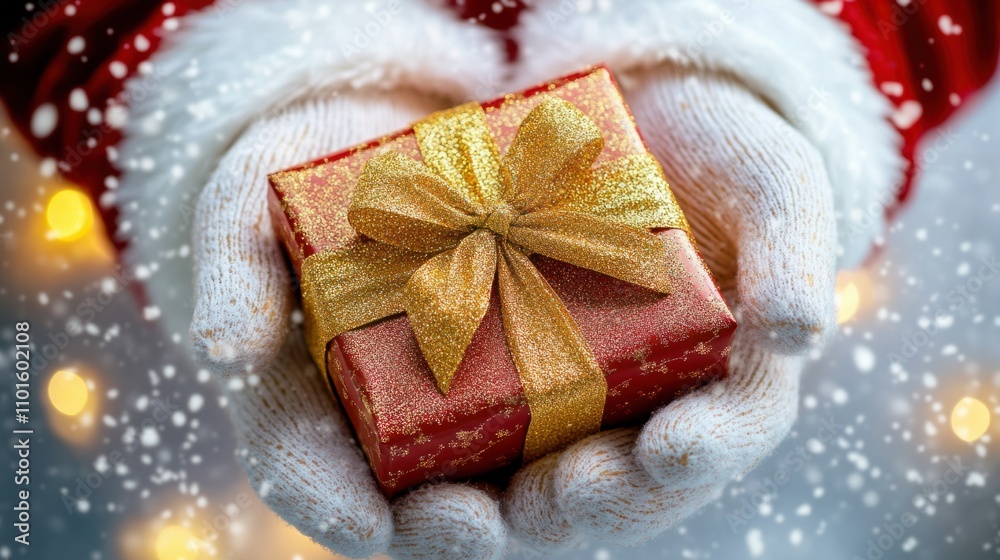 Santa's gloved hands holding a square gold and red Christmas gift box, tied with a glittery bow, on a clean white background
