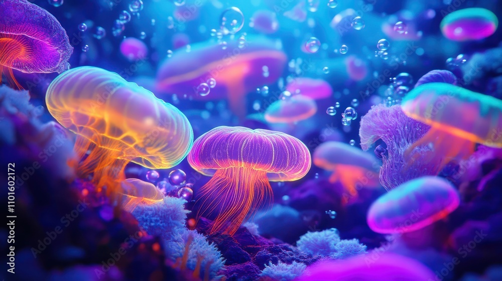 Obraz premium Wallpaper of coral structures glowing brightly in an underwater ocean backdrop
