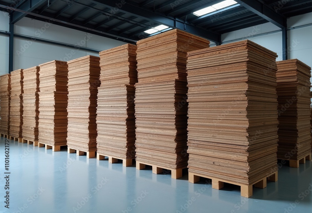 Large, organized piles of wooden boards fill the spacious storage area, showcasing natural tones. Large, organized piles of wooden boards fill the spacious storage area, showcasing natural tones.