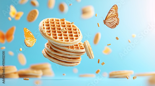 Delicious waffles floating with butterflies and golden sprinkles