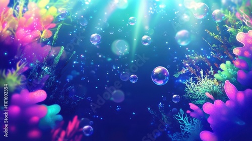 Coral reef wallpaper glowing in bright neon colors in underwater cosmic backdrop