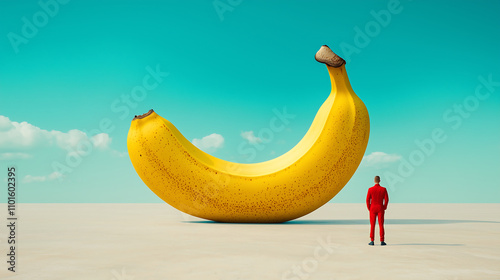 surreal landscape featuring giant banana peel and person