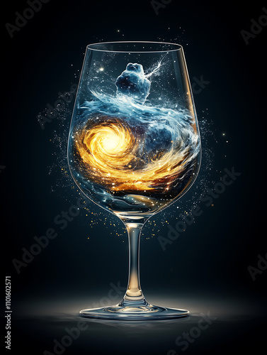 glowing wine glass filled with swirling galaxy liquid, captivating beauty