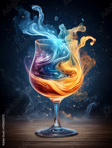 glowing wine glass filled with swirling liquid in vibrant colors