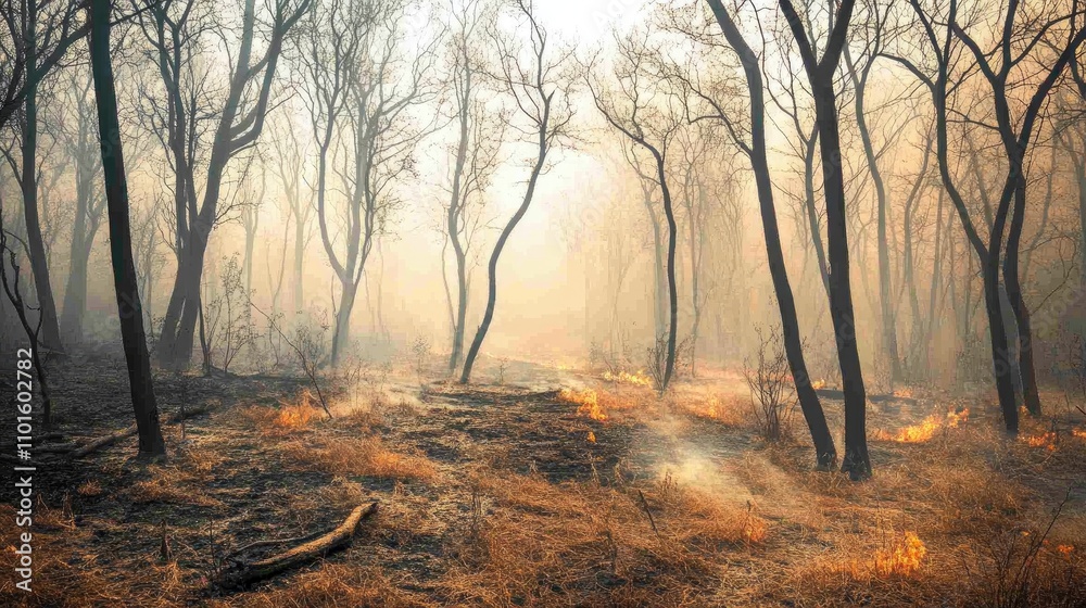 Smoky forest landscape with charred trees and smoldering ground, highlighting fire damage amid a misty, hazy atmosphere. Smoky forest landscape with charred trees and smoldering ground, highlighting fire damage amid a misty, hazy atmosphere.