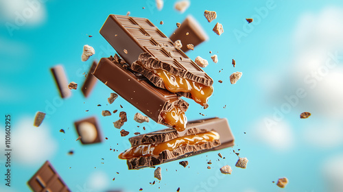 surreal floating chocolate bar with glowing caramel and crumbs